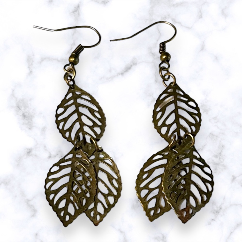 Handmade Leaf Earrings Brass Filigree Dangle Statement Leaves Pierced Boho - Picture 6 of 9